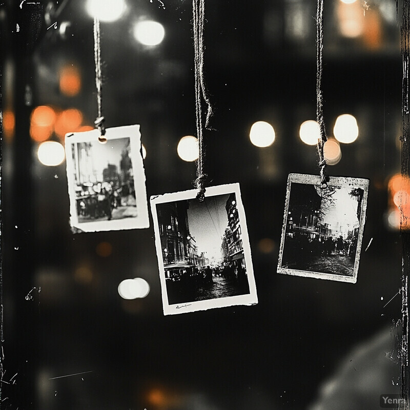 Three black and white Polaroids hanging in front of a window or mirror.