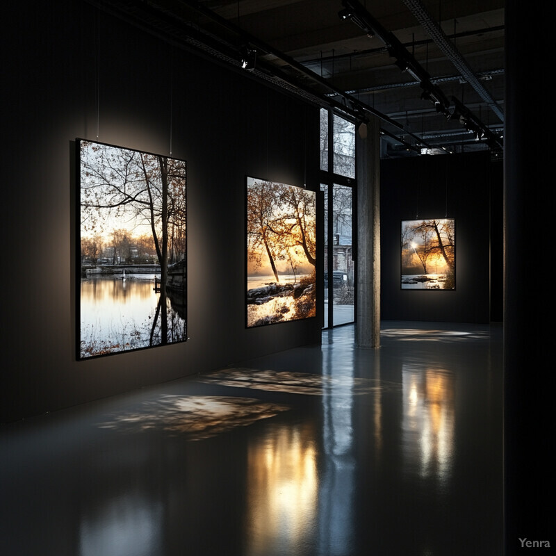 Four photographs of trees hanging in an art gallery, each with a different color scheme and lighting effect.