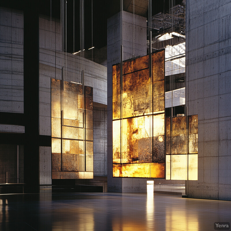 A modern art installation featuring large, rectangular panels with a rusted metal finish suspended from the ceiling in an industrial-style building.