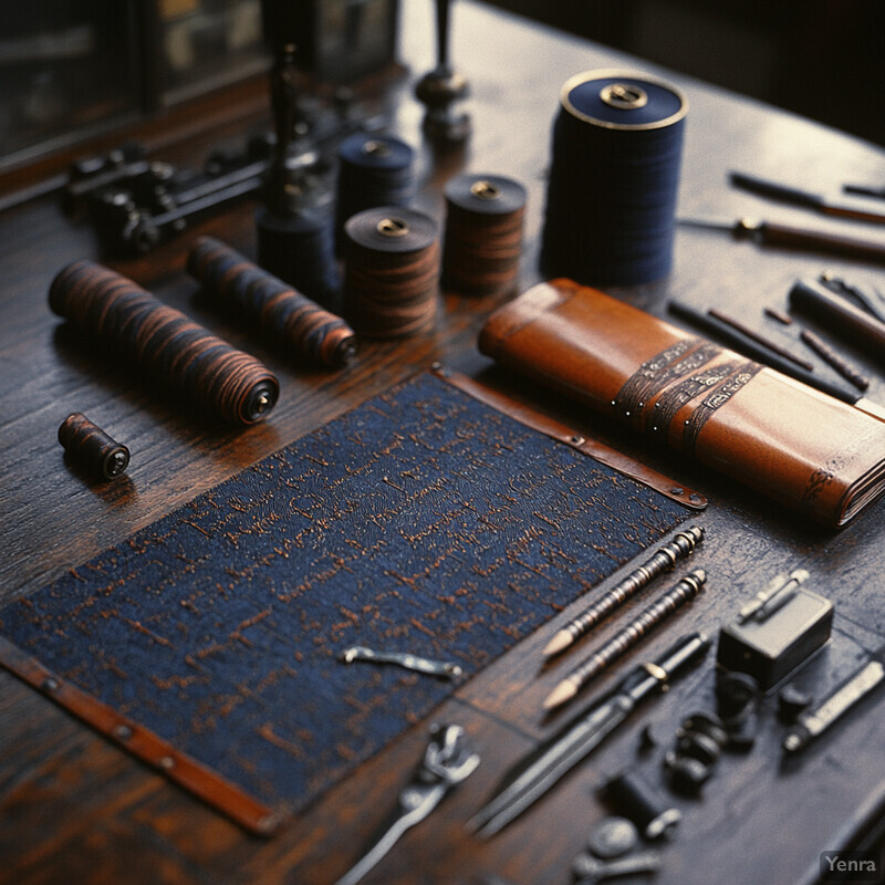 A leather-bound book and writing instruments are meticulously arranged on a dark wooden table in an indoor setting.