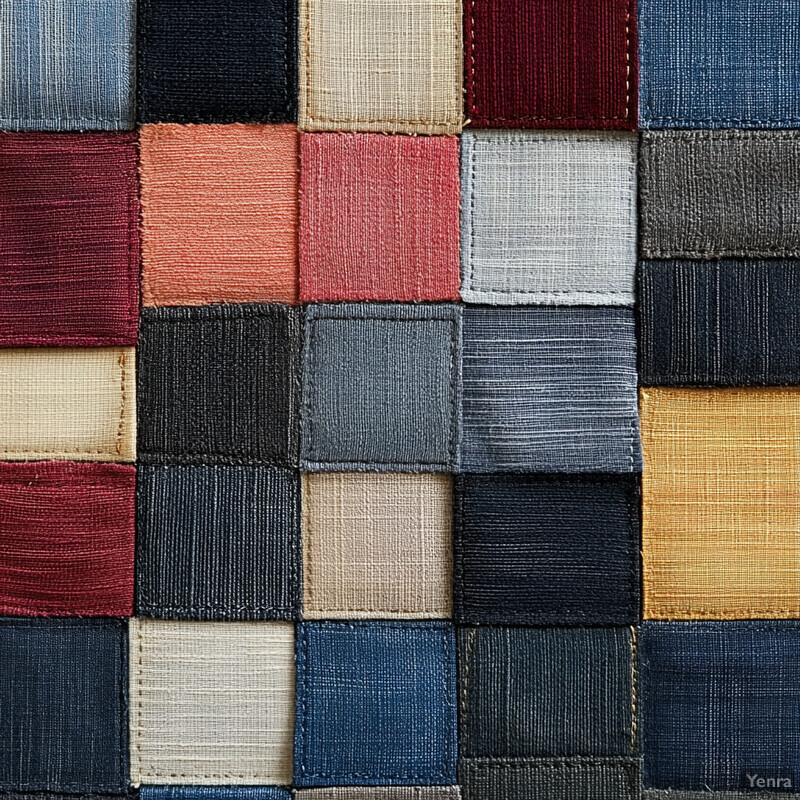 A close-up view of a patchwork quilt made from various colored denim squares.