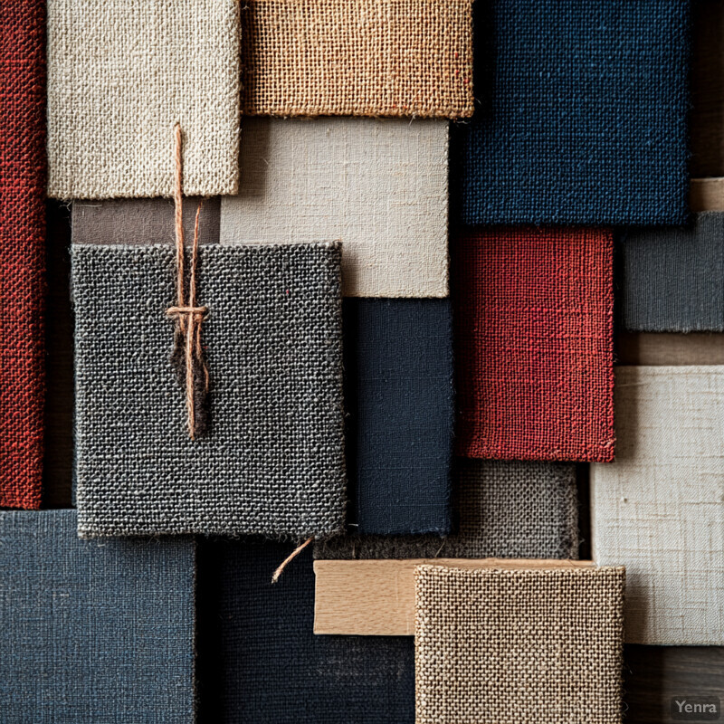 A collection of fabric swatches arranged in a collage style, showcasing various textures and colors.