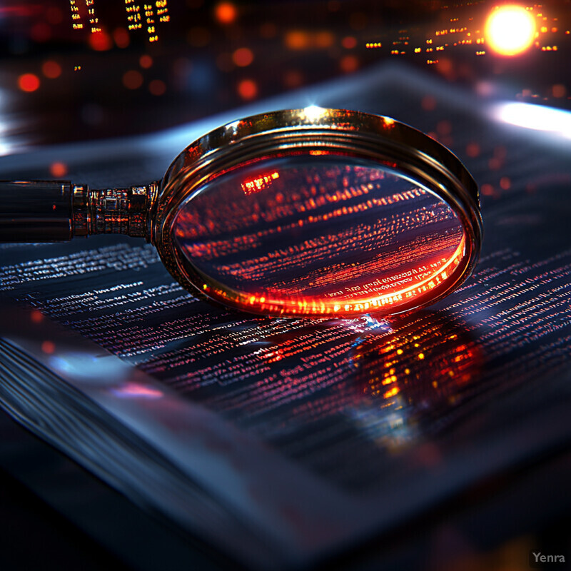 A magnifying glass hovers over an old book in a dimly lit room.