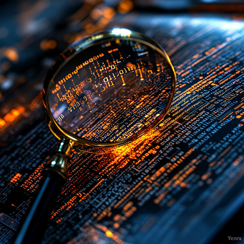 A magnifying glass is positioned on top of a digital screen displaying complex numbers and symbols.