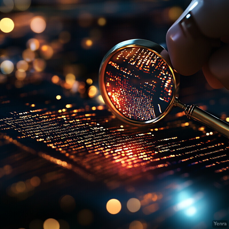 A hand holds a magnifying glass over a dark blue circuit board with orange and red lines.