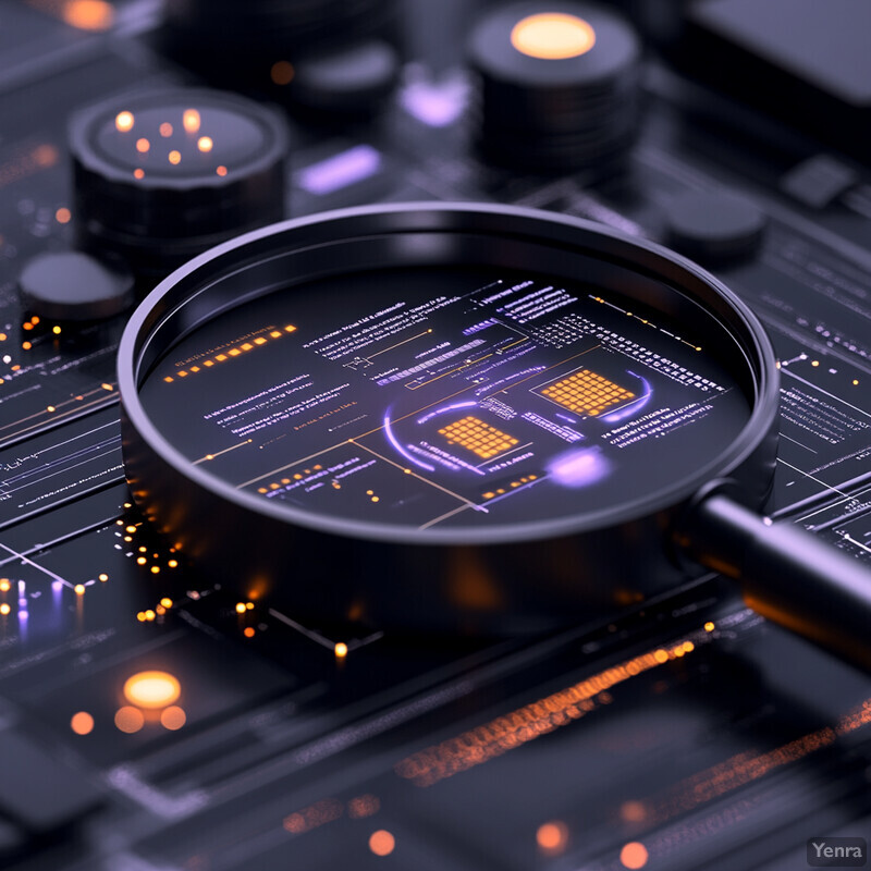 A magnifying glass is placed on top of an electronic circuit board, with various components and wires visible in the background.