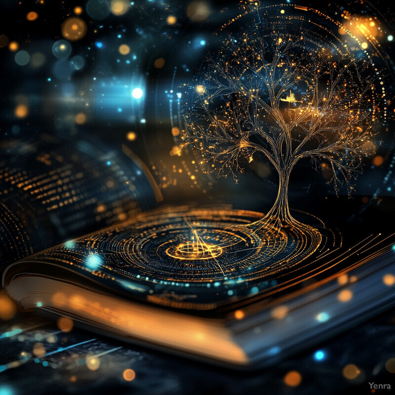 A tree with bare branches is nestled within an open book, surrounded by swirling patterns of light that evoke a sense of growth and knowledge.