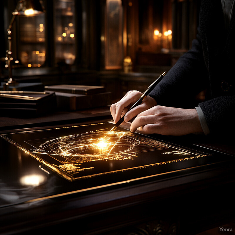 A person works on a large, dark-colored table with intricate gold designs, dressed in a black suit and holding a pen.