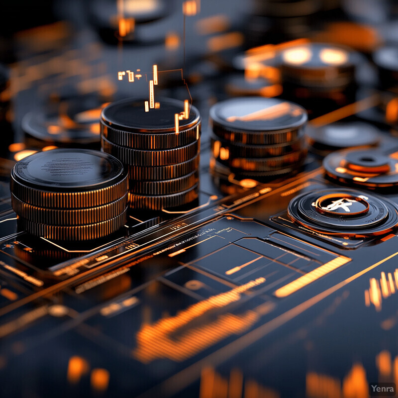 A computer motherboard with various components and wires illuminated by orange light, featuring a stack of black circular coins or tokens in the center.