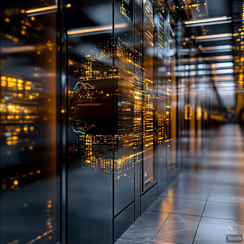 A server room with rows of active servers and storage systems.