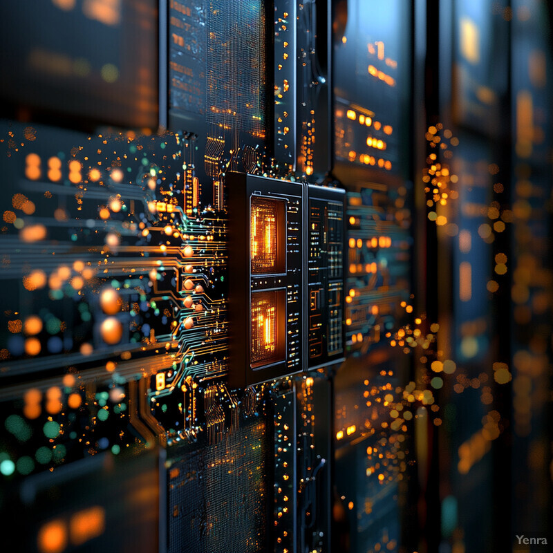 An array of circuit boards with microchips and wires, illuminated by orange lights.