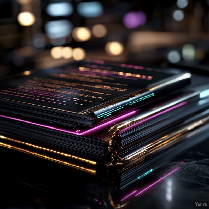 A stack of books with neon lights emanating from them, set against a dark background.