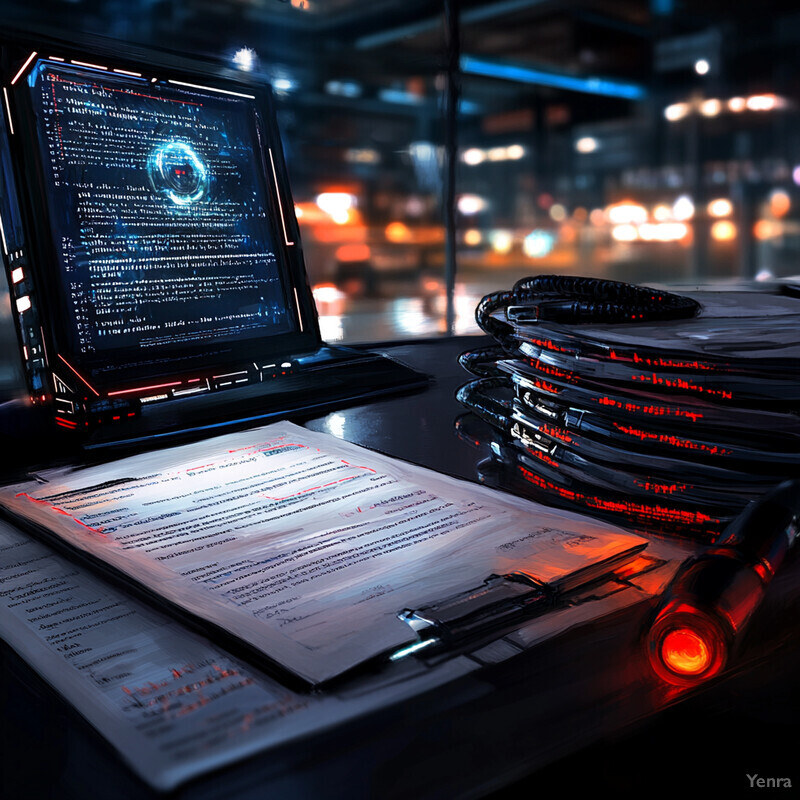 A person is working on a computer with lines of code displayed on the monitor, surrounded by papers and a pen.