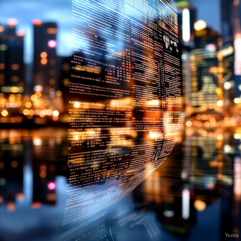 A cityscape at night with a large globe in the foreground displaying lines of code and data.