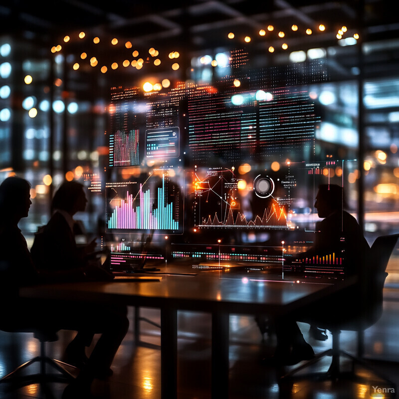 A group of individuals are engaged in a business meeting or negotiation, surrounded by various visual aids.