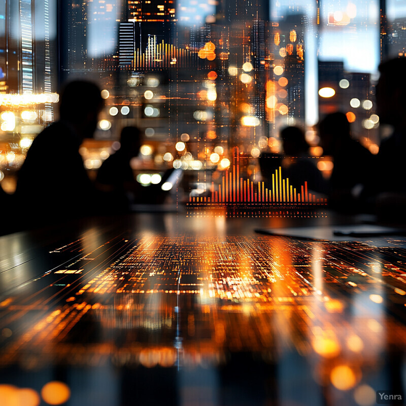 A bustling cityscape at night, with towering skyscrapers and neon lights illuminating the streets.