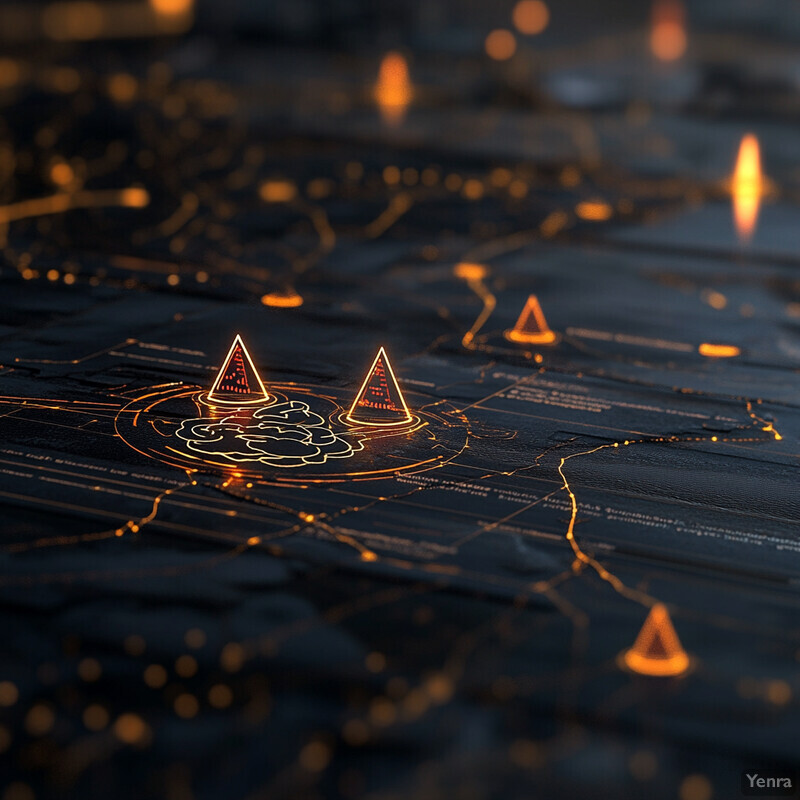 A futuristic representation of predictive risk analysis featuring glowing pyramids and interconnected lines/shapes.