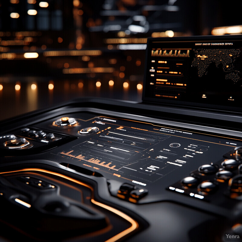 Futuristic dashboard with multiple screens and controls for monitoring and controlling industrial or commercial processes.