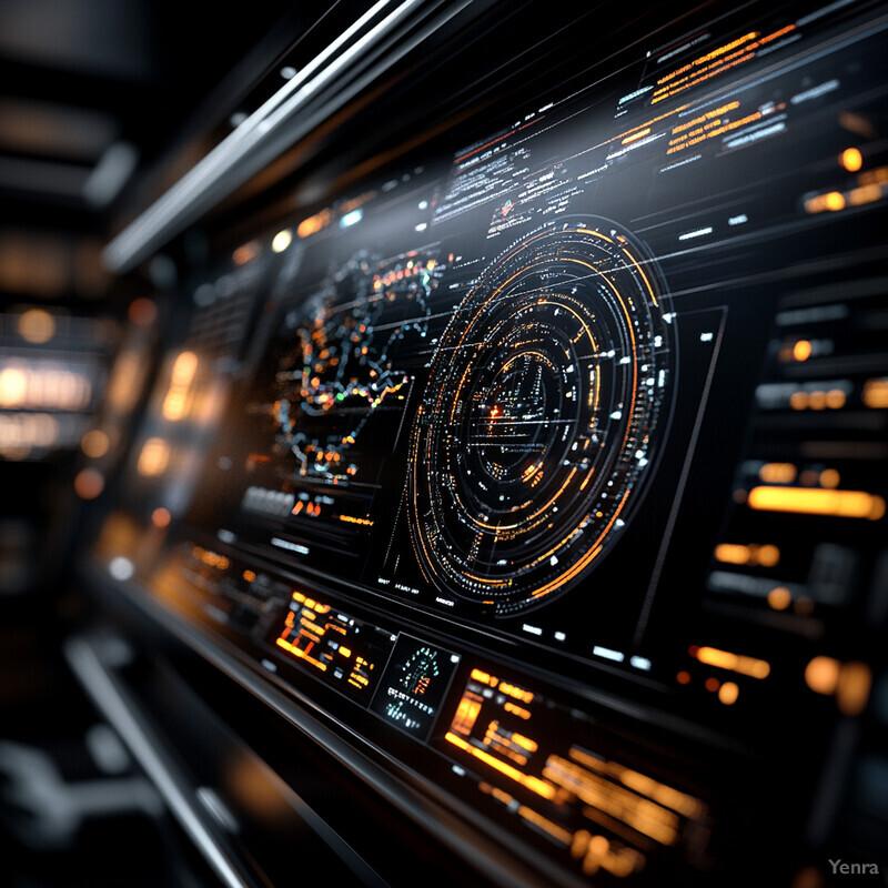 A futuristic control panel with various screens and buttons, likely used for monitoring and controlling complex systems or processes.