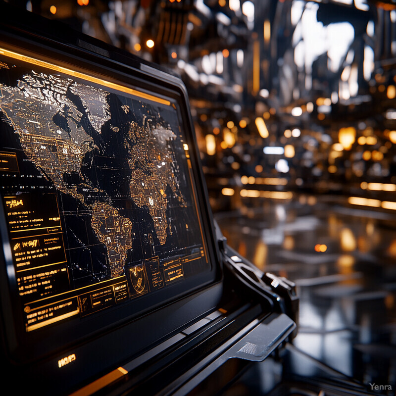 A futuristic control room with a large screen displaying a world map and various data points.