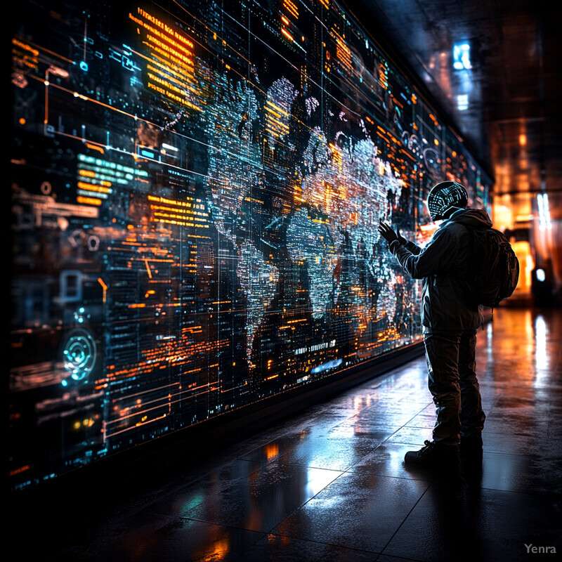 A person in dark clothing stands in front of a large screen displaying various lines of code and data.