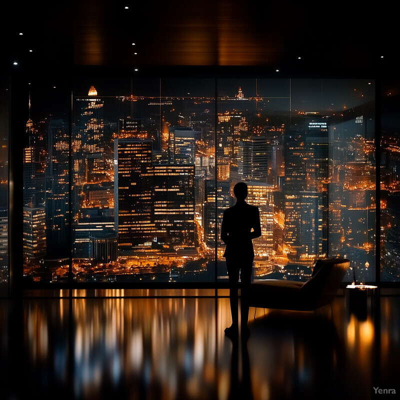 A person stands in front of a large display showing the cityscape at night.