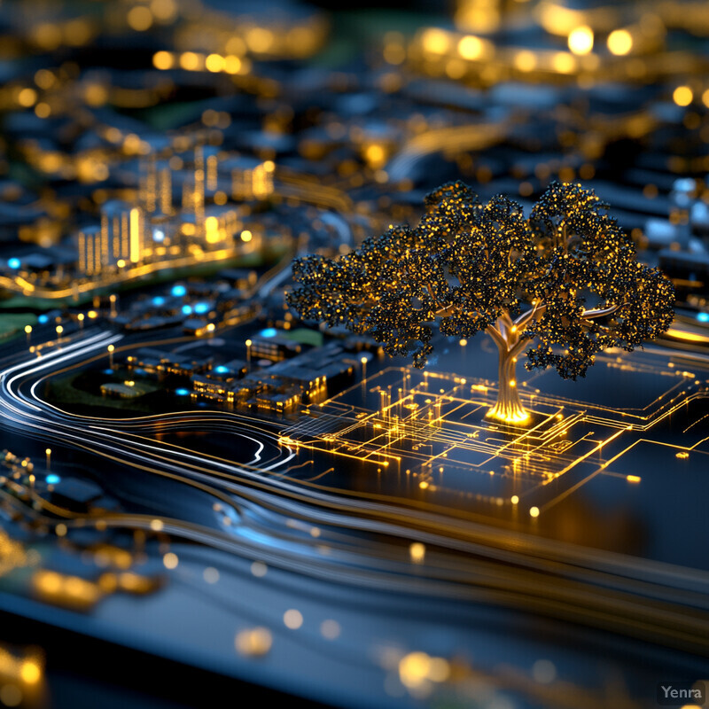 A futuristic cityscape with a gold tree in the center, surrounded by buildings and roads.