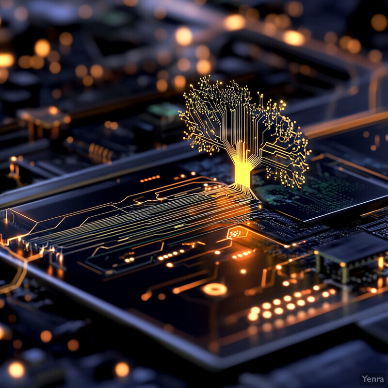 A tree grows out of a circuit board in this surreal digital image.