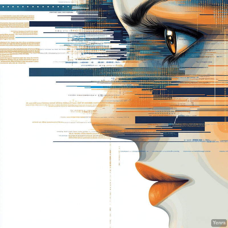 A woman's face with an overlay of lines and shapes in shades of blue and orange.