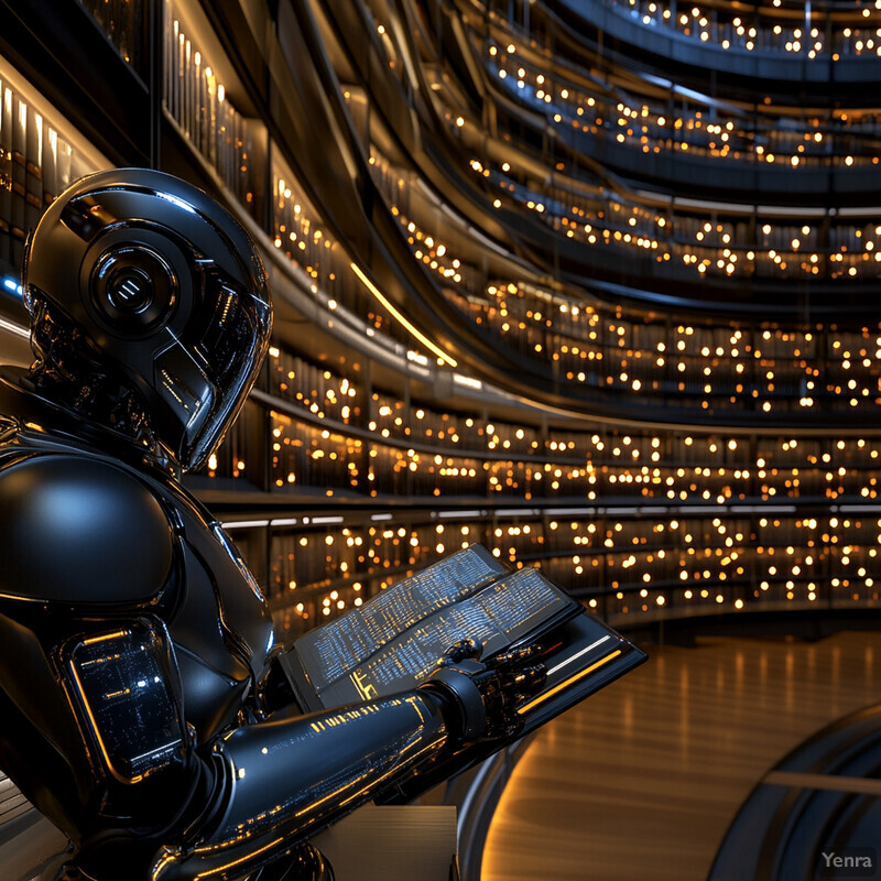 A futuristic scene featuring a robotic figure in front of an expansive library.