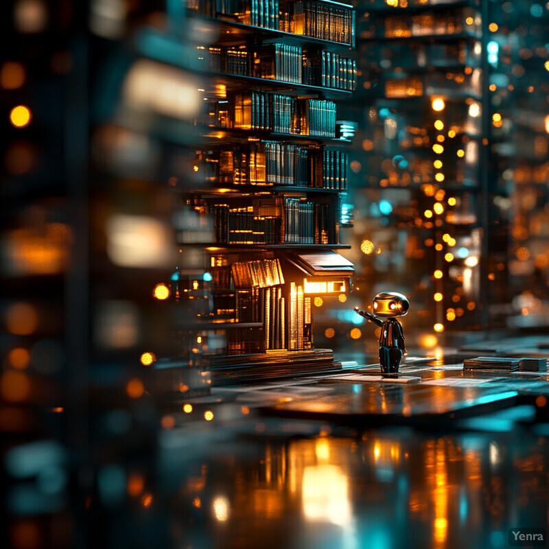 A miniature robot stands in front of a large library.