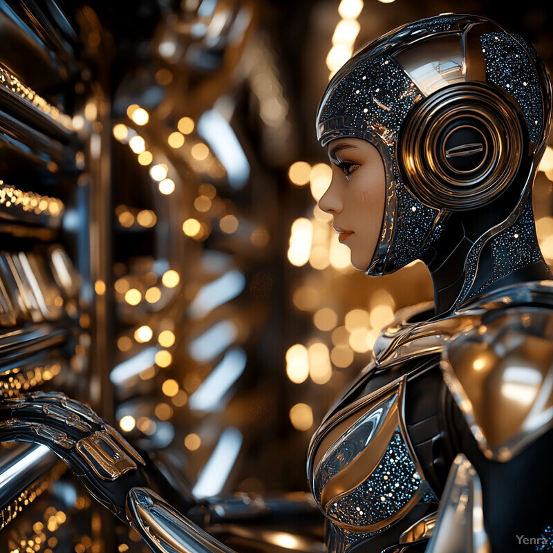 A woman in a futuristic outfit stands in front of a wall with machinery and equipment.