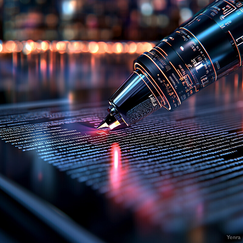 A stylized pen poised to write on a digital screen displaying rows of code and numbers, symbolizing the creative spark that drives innovation in technology.