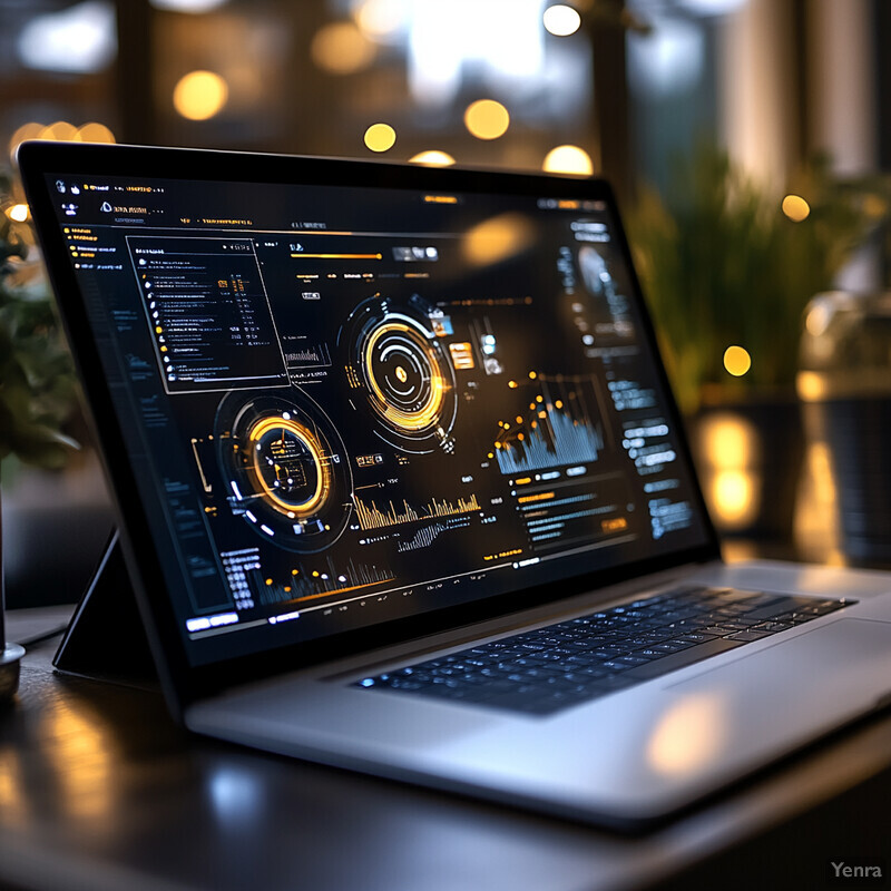 A laptop with an open lid is placed on a table in a well-lit office or co-working space, displaying a computer dashboard with various charts and graphs.