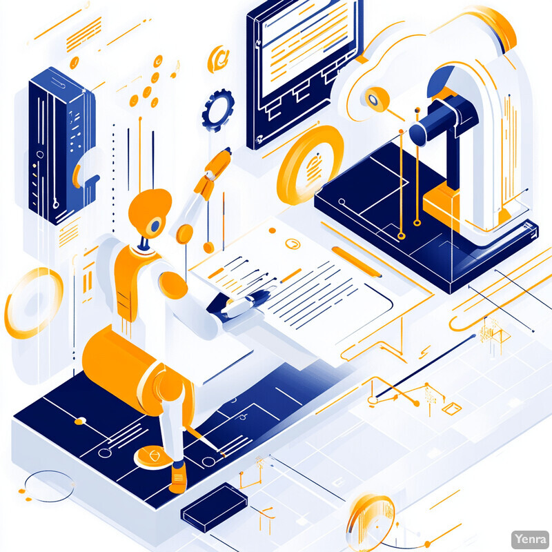 Workflow optimization illustration with robots, computer monitors, and smartphones.