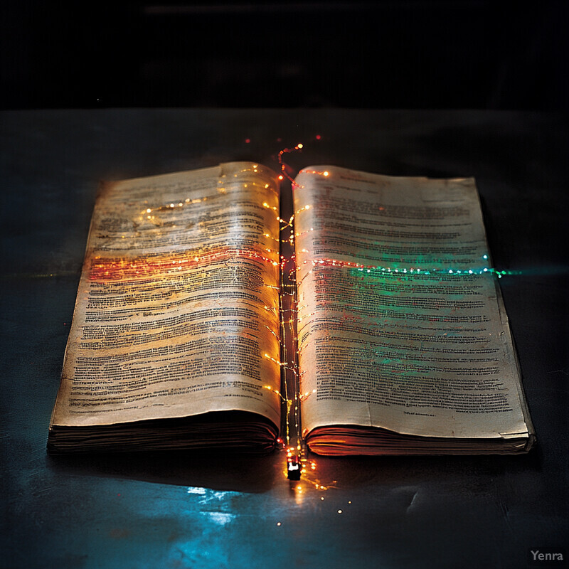 An open book with fairy lights illuminating its pages, creating a cozy atmosphere.