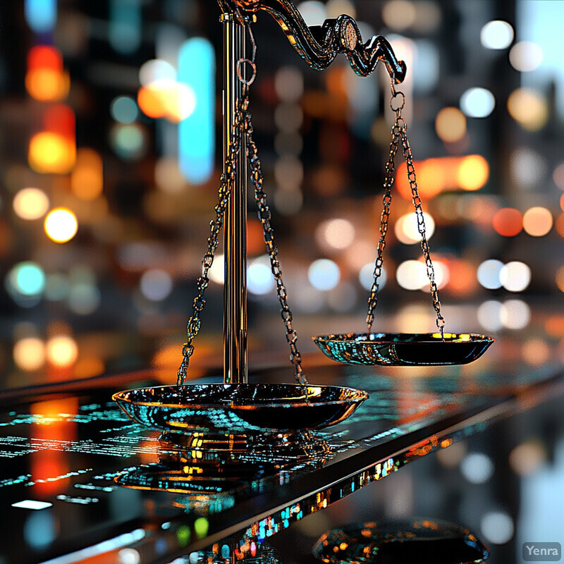 A set of gold scales with two black bowls on a reflective surface in an office setting.