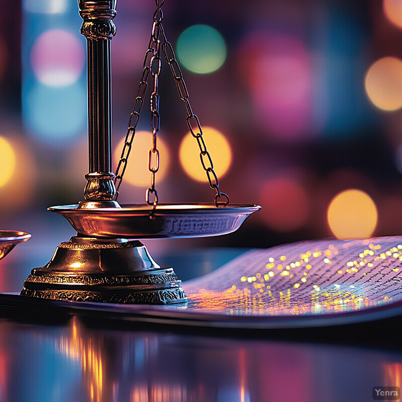 An antique balance scale sits on a reflective surface in a room with colorful lights.