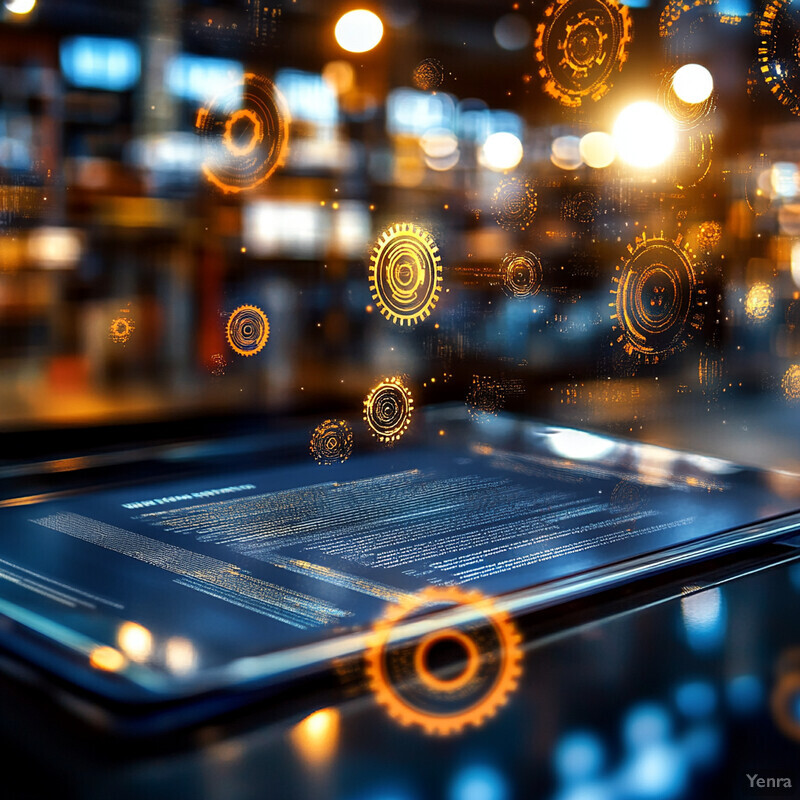 A tablet displaying lines of code is surrounded by glowing gears or cogs in a blurred office environment.