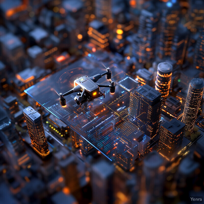 A drone hovers above a futuristic cityscape at night, gathering data and monitoring the urban landscape.