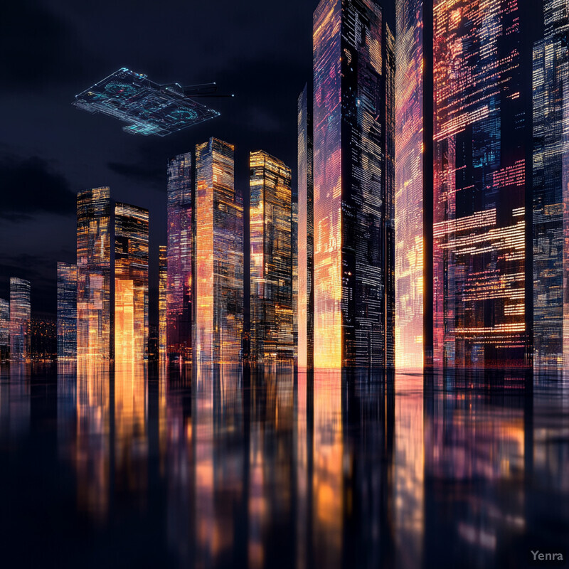 A futuristic cityscape with towering skyscrapers and a dark, cloudy sky.