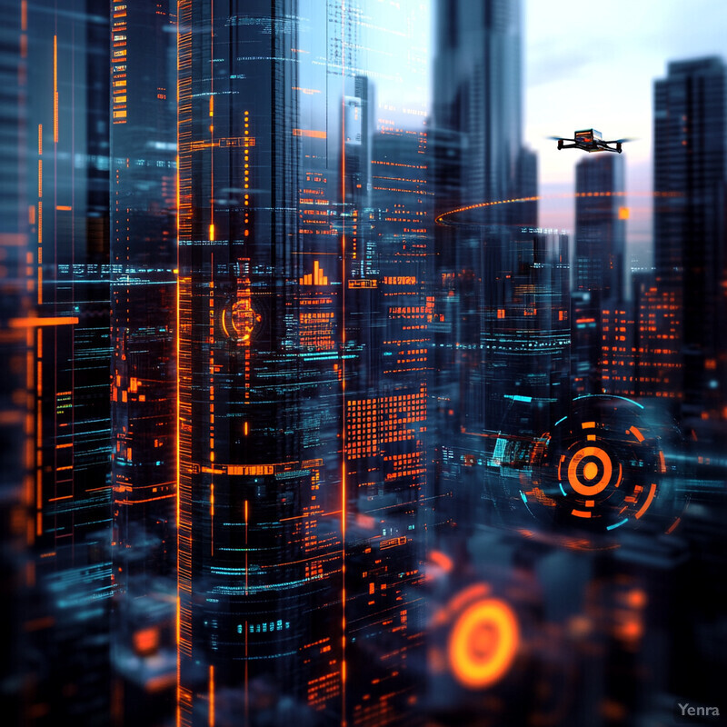 A futuristic cityscape with towering skyscrapers and high-tech drones.