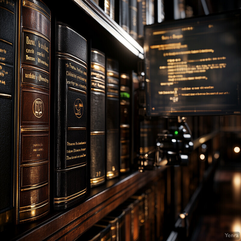 A dimly lit room filled with rows of bookshelves stacked high with leather-bound books.