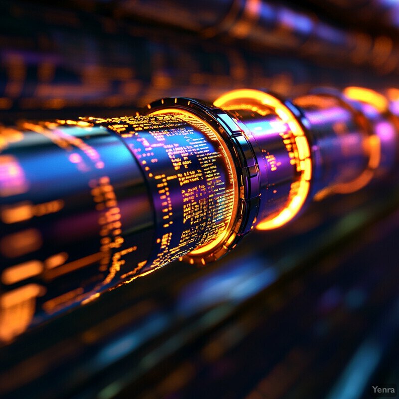 A futuristic scene with a cylindrical object surrounded by orange and blue lights.