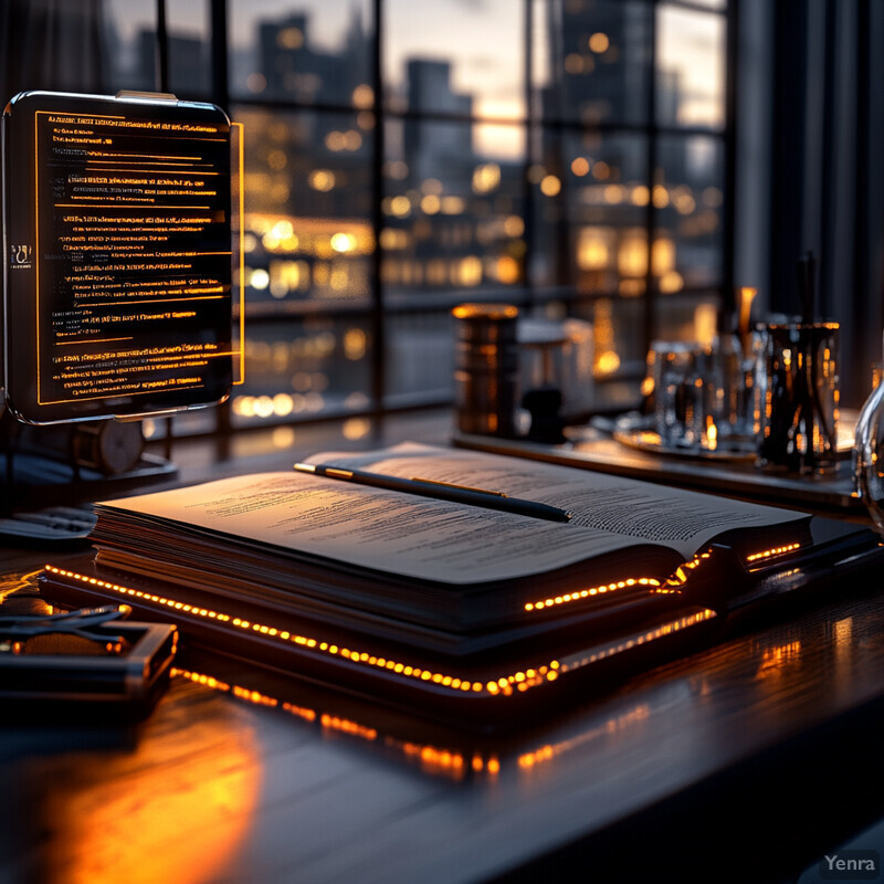 Two people are discussing documents at a desk in an office with a view of the city skyline.