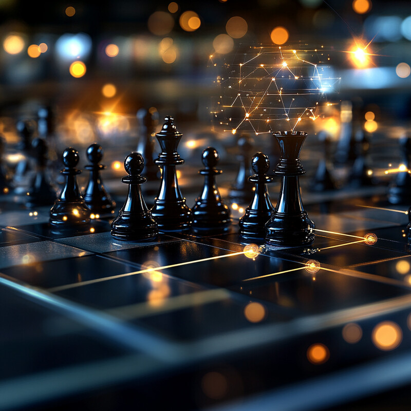 A chessboard with black and white pieces is set up in an indoor setting, possibly a home or office.