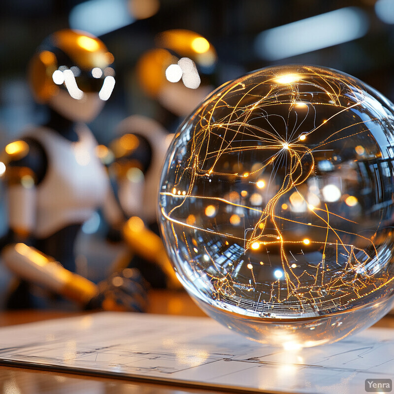 A glass sphere with gold wiring sits on a sheet of paper in an industrial laboratory setting, surrounded by two humanoid robots.