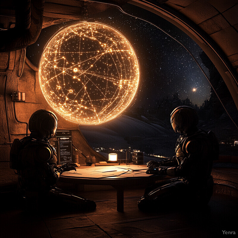 Two astronauts sit at a desk in front of a large, glowing orange circle with lines and dots within it.