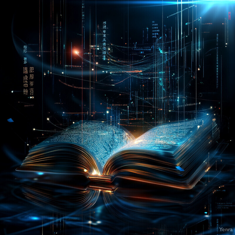 A futuristic scene with a large book at its center, open to reveal pages filled with lines of code.