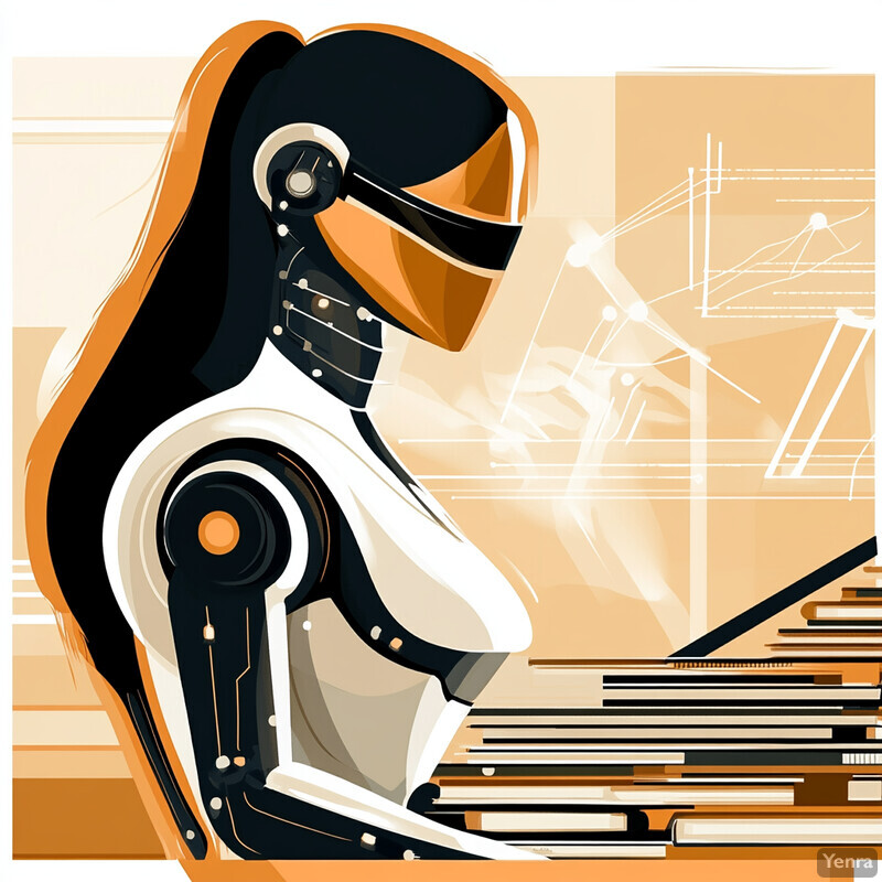 A robot with long black hair is intently studying a book at a cluttered desk.